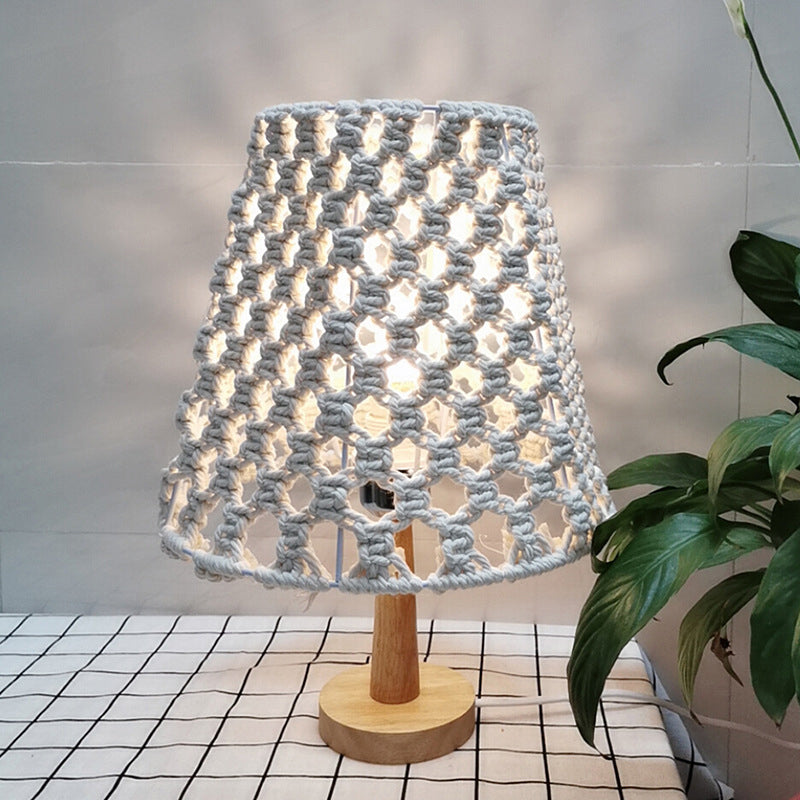 Handmade Cone Bedroom Night Lamp Countryside Rope 1-Light Yellow Nightstand Lamp with Wood Base | elesira