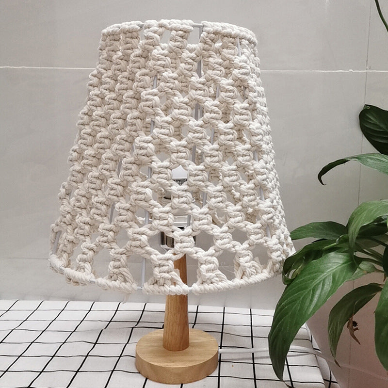 Handmade Cone Bedroom Night Lamp Countryside Rope 1-Light Yellow Nightstand Lamp with Wood Base | elesira