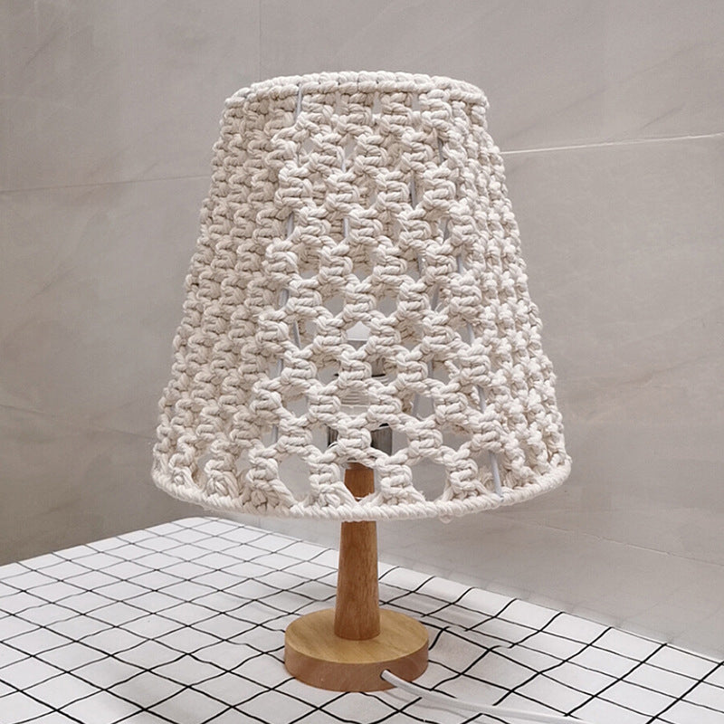 Handmade Cone Bedroom Night Lamp Countryside Rope 1-Light Yellow Nightstand Lamp with Wood Base | elesira