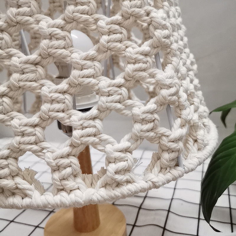 Handmade Cone Bedroom Night Lamp Countryside Rope 1-Light Yellow Nightstand Lamp with Wood Base | elesira