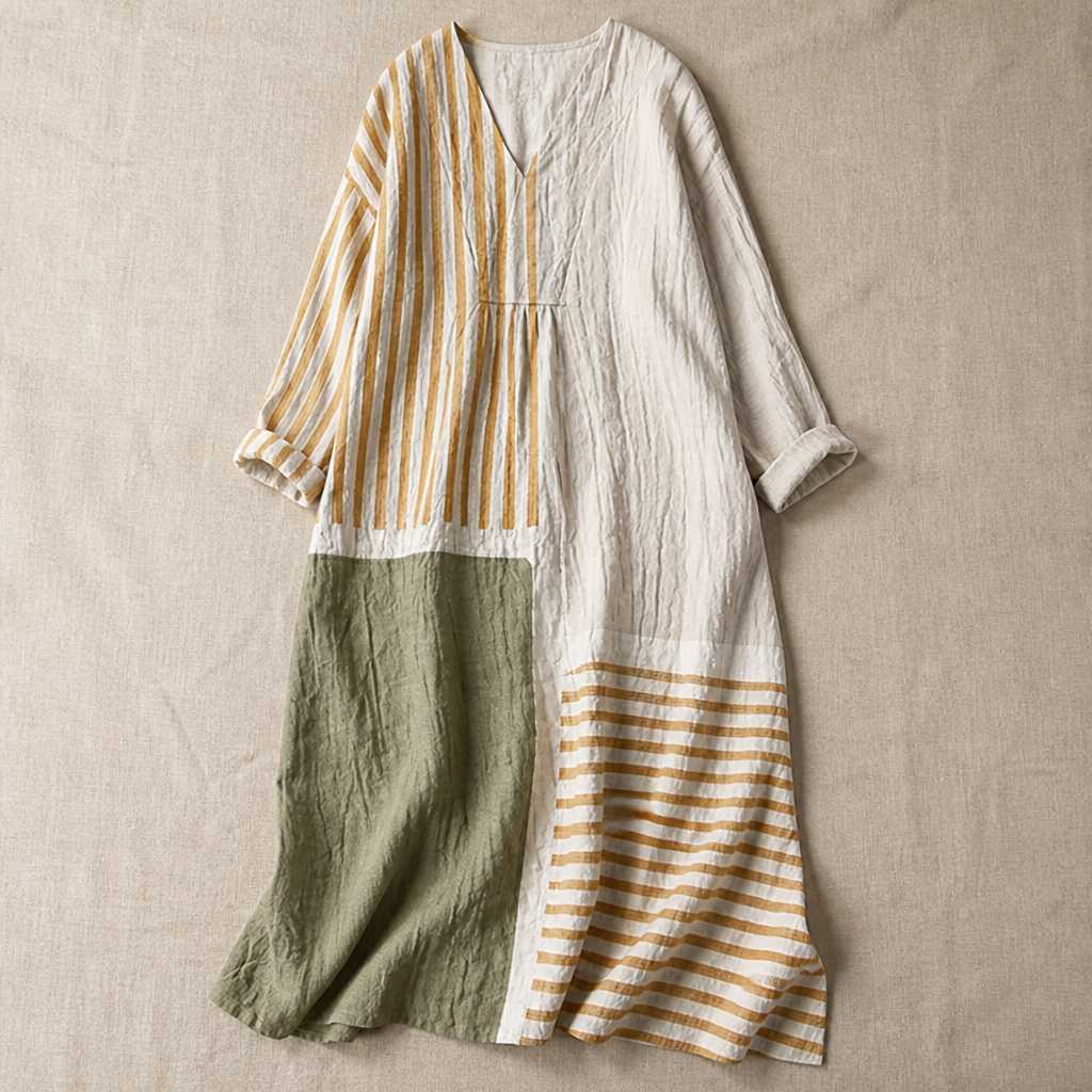 ZephyraFlow – Relaxed Striped Patchwork Linen Maxi Dress | elesira