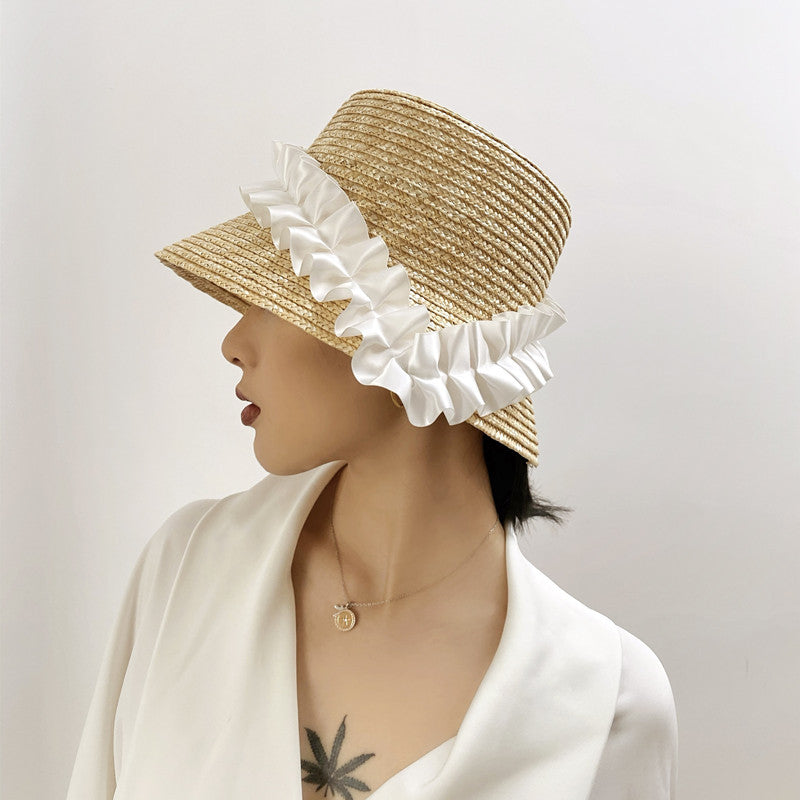 Wide Brim Straw Hat with Ruffled Trim – UV Defense | elesira