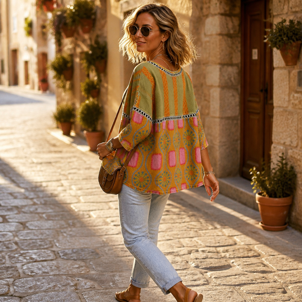VivaLuxe – Uvolněný top s boho inspirací, kombinující různé vzory a rukávy 3/4 | elesira