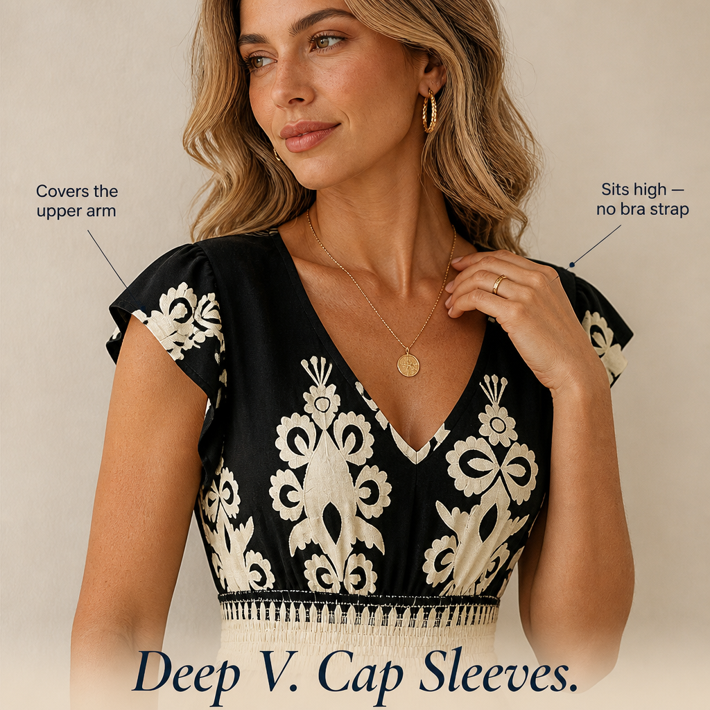 Vellureva | Slip on One Cap-Sleeve Maxi from Café Brunch to Rooftop Night | elesira