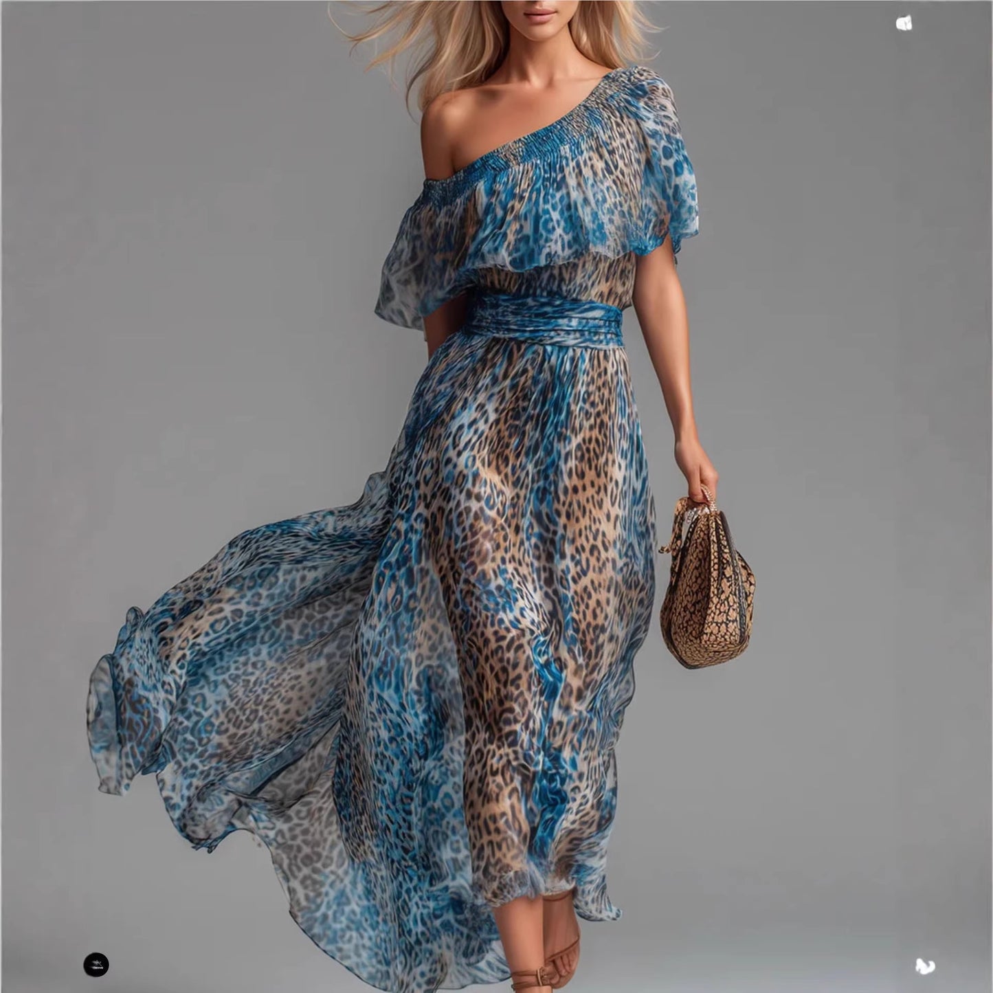Robe Panthère — Évasée Léopard Épaule Dénudée Boho