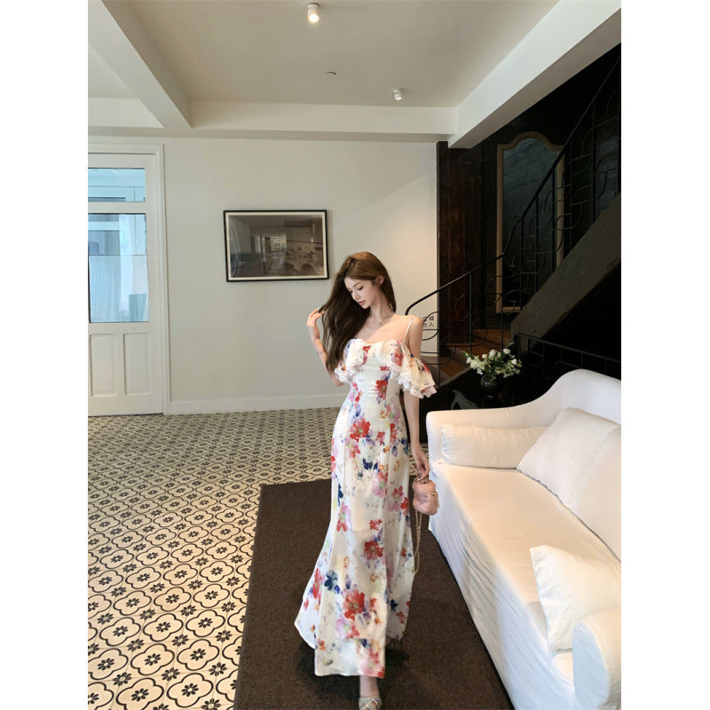 Robe Bretelles Imprimé Floral Volants Bicolore