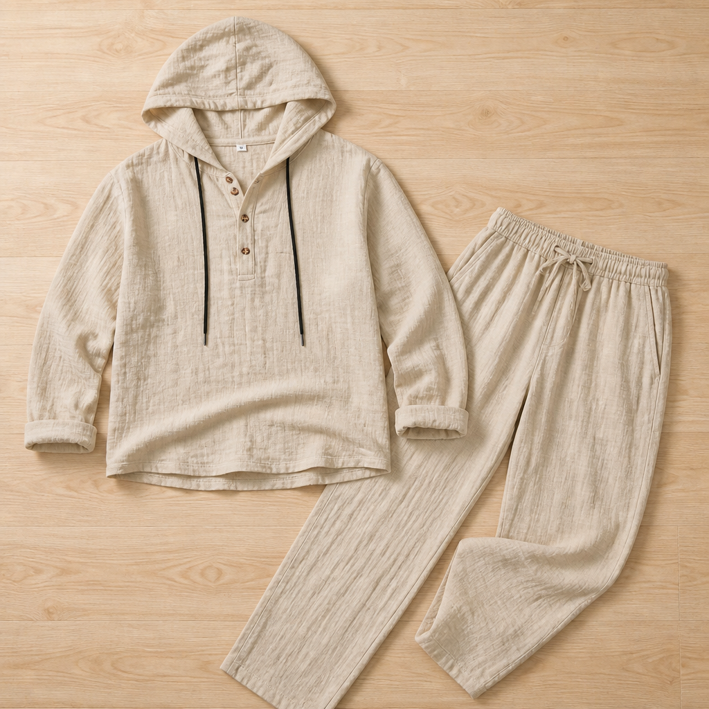 VeloShift – Relaxed Linen-Blend Hooded Set with Button Henley Top | elesira