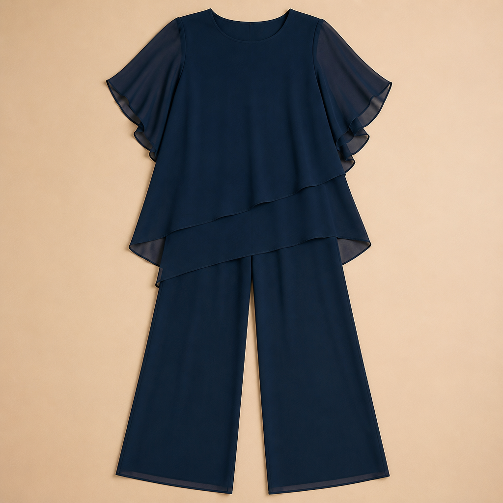 VeloraFit – Elegante completo a due pezzi con pantaloni e chiffon asimmetrico | elesira