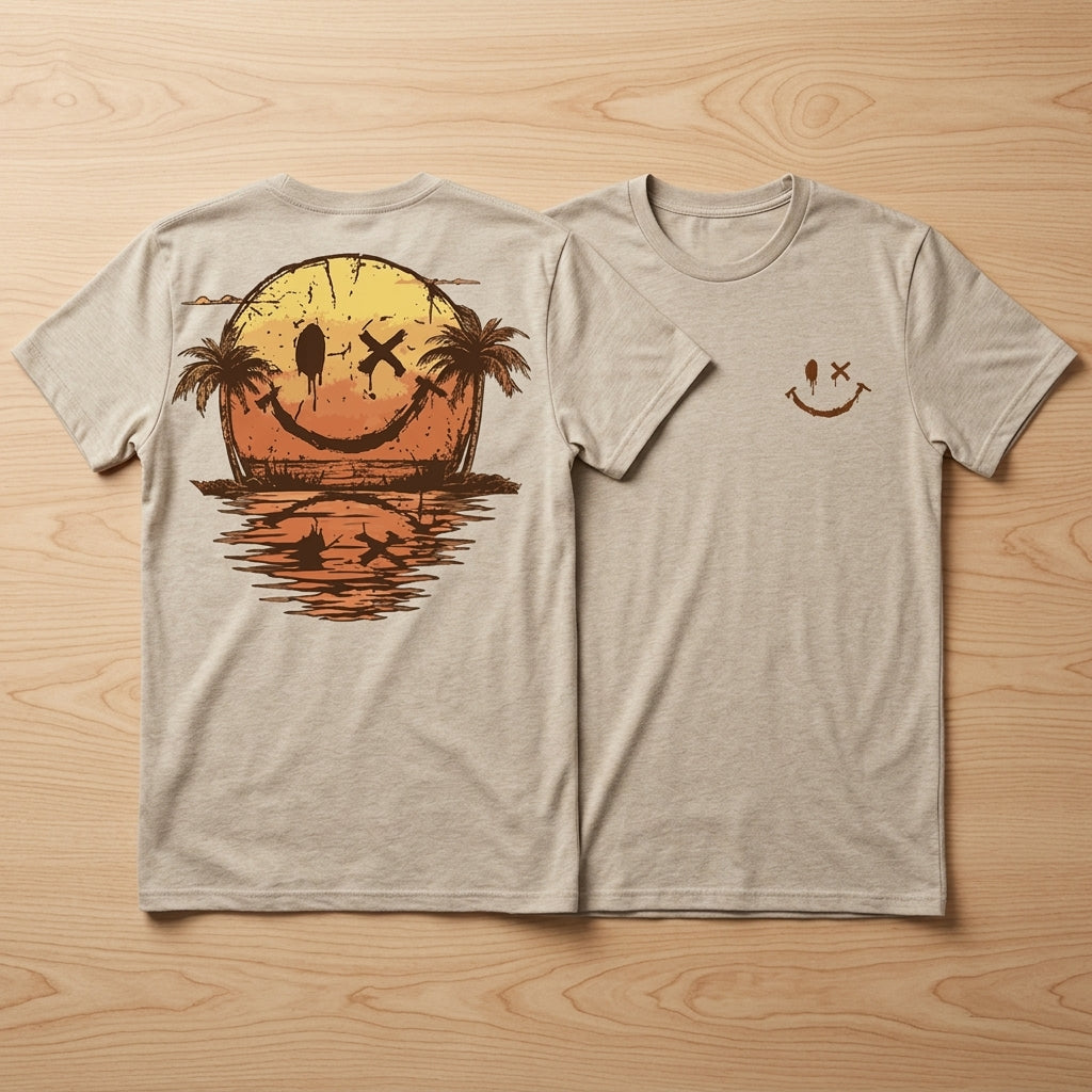 SolaraWave – Retro Sunset Smiley Graphic Tee with Front & Back Print | elesira