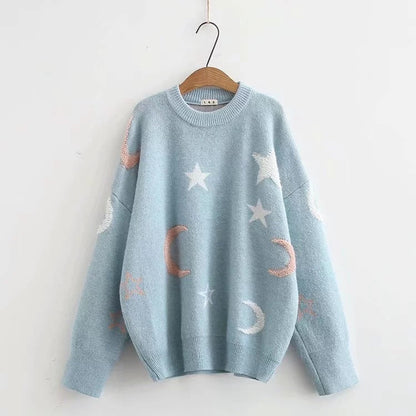 Pull Femme Maille Douce Motifs Lune & Étoiles
