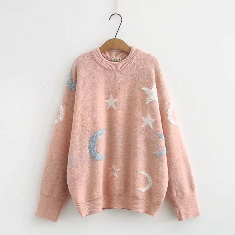 Pull Femme Maille Douce Motifs Lune & Étoiles