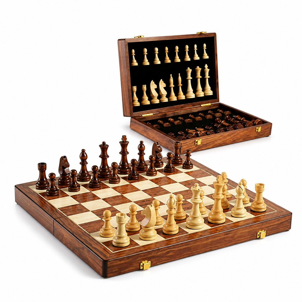 Solid Wood Foldable & Portable Chess Set (Includes Extra Queens) | elesira