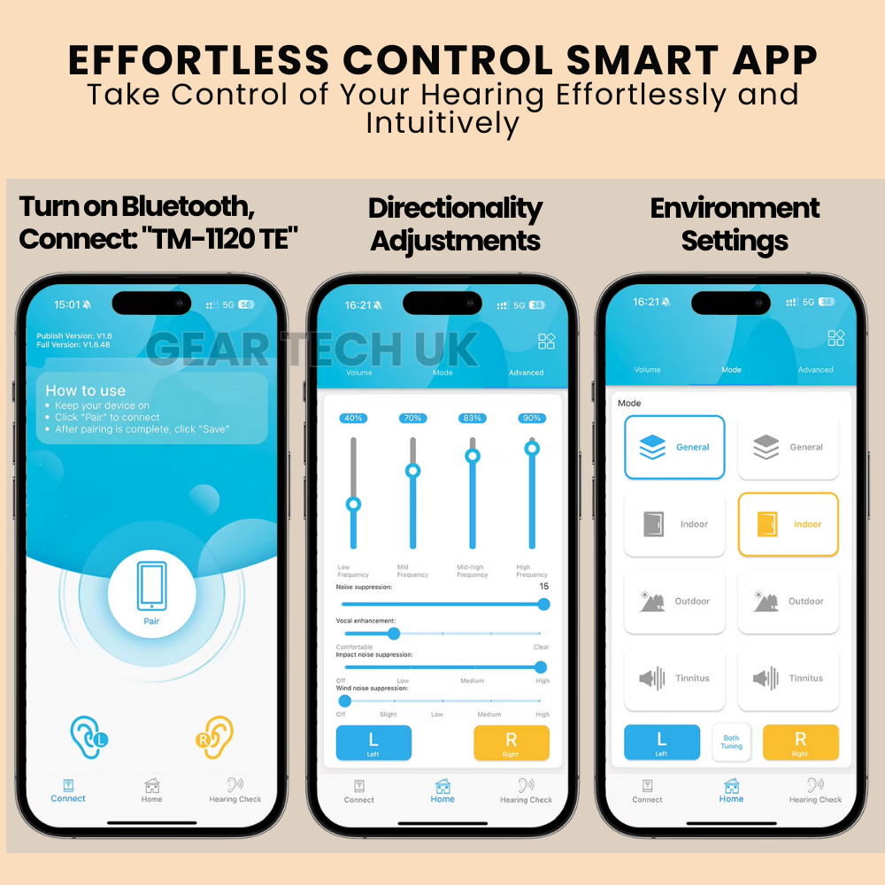 Aparelhos auditivos Bluetooth inteligentes com controlo por aplicação - sem necessidade de receita médica | elesira