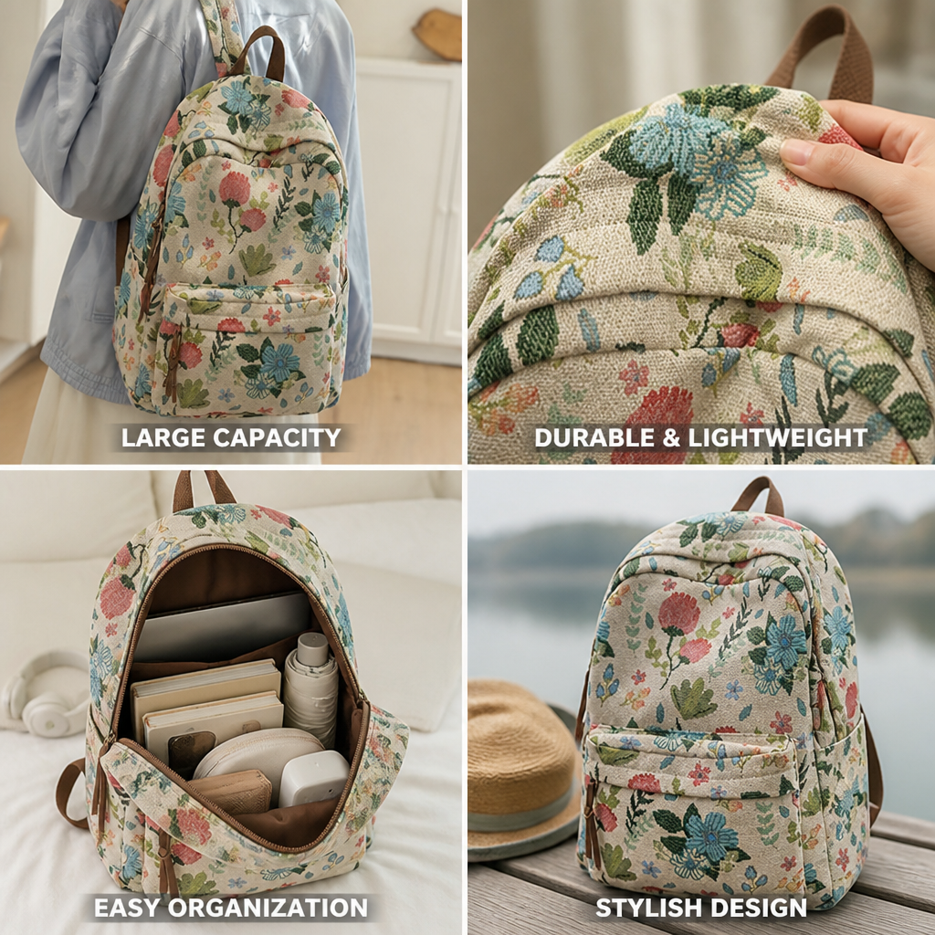 Zaino floreale vintage di grande capacità (scuola e viaggi) | elesira