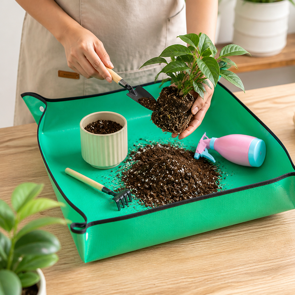 Tapis de rempotage pliable étanche (coins relevés à boutons-pression) | elesira