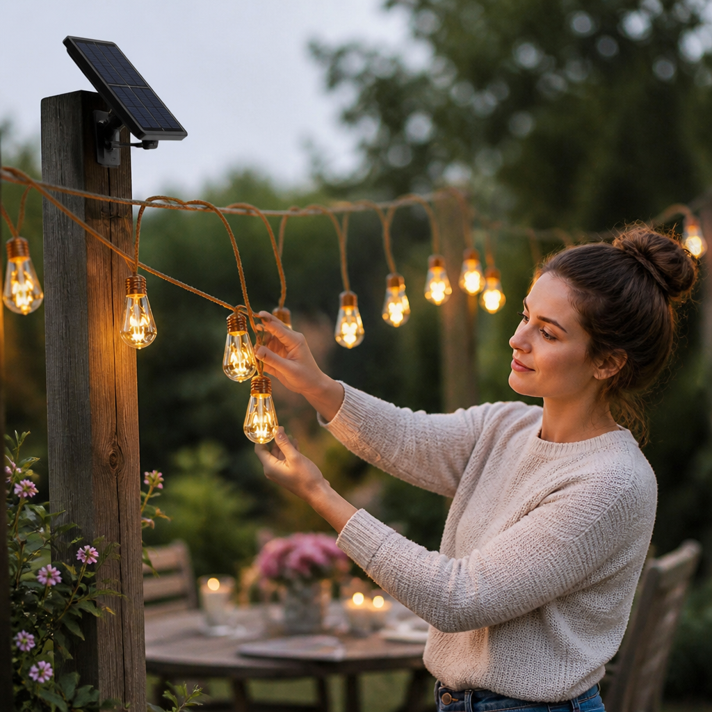 Ghirlandă luminoasă de exterior cu frânghie din cânepă, alimentată solar (impermeabilă IP55) | elesira