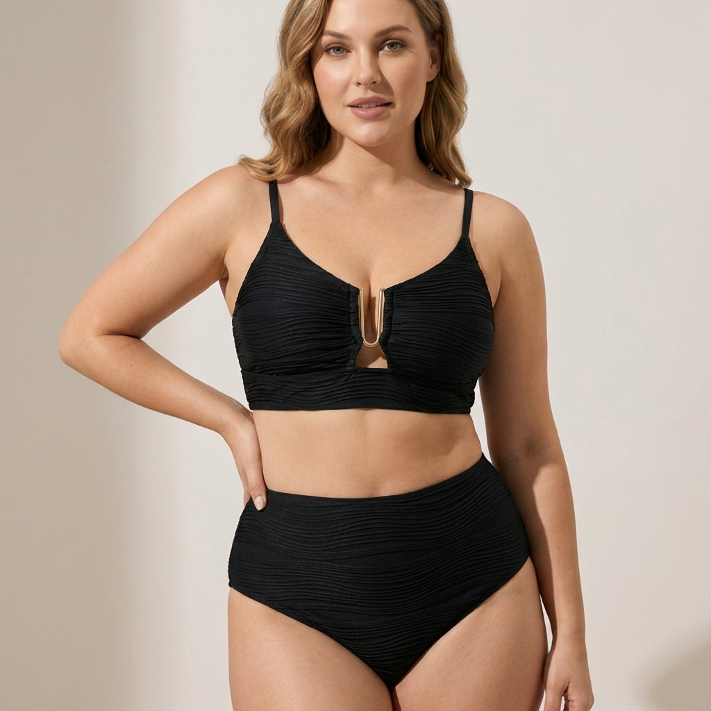 VeloraCurve – Maillot de bikini taille haute gainant le ventre avec armature en U dorée | elesira