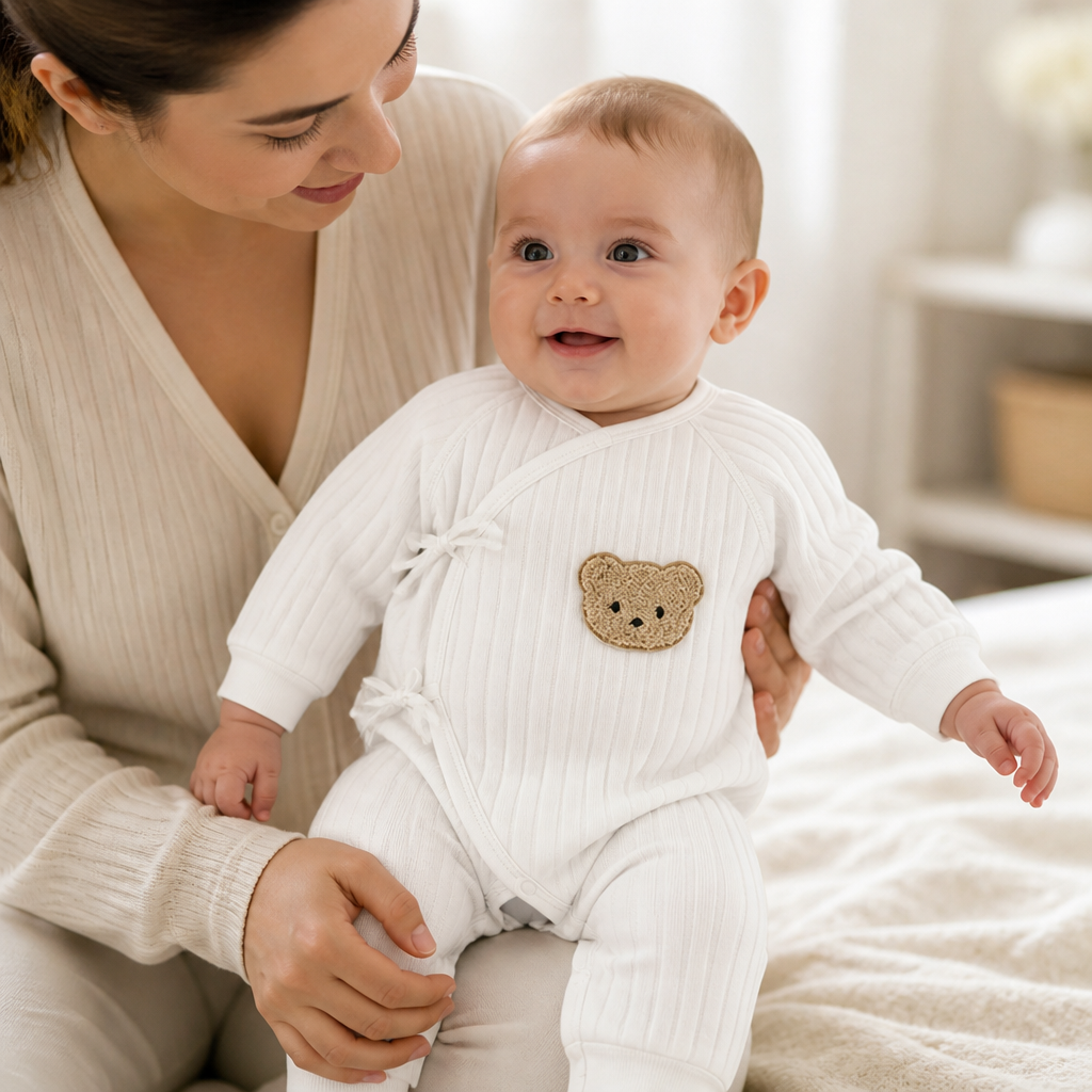 Soft 100% Cotton Press-Stud Baby Romper (Bear Applique) | elesira