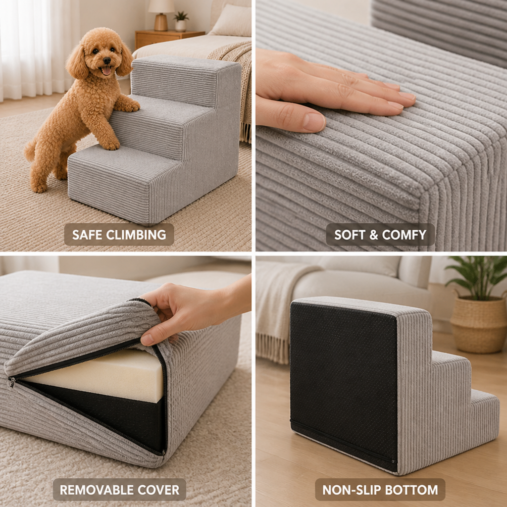 Soft Corduroy Non-Slip Pet Stairs (3-Step) | elesira