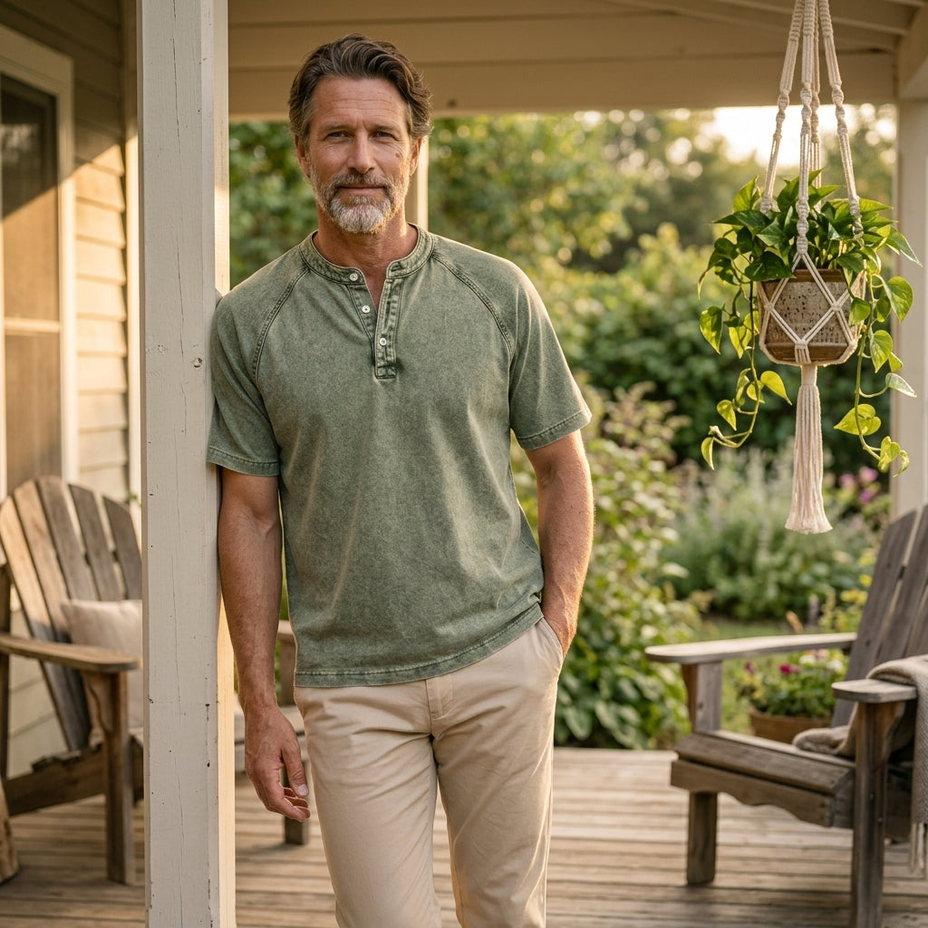 VesperLoom – Vintage Mineral-Wash Raglan Henley Tee | elesira