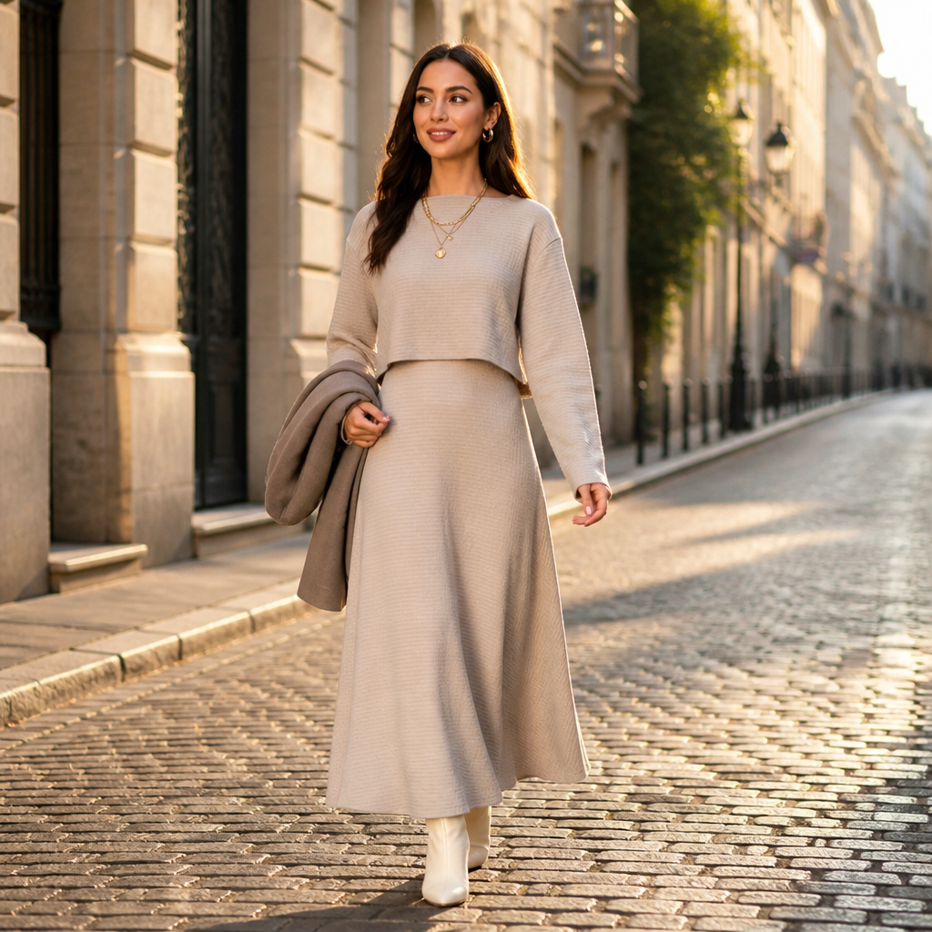VivaBella – Elegantes zweiteiliges Strickset mit asymmetrischem One-Shoulder-Oberteil | elesira