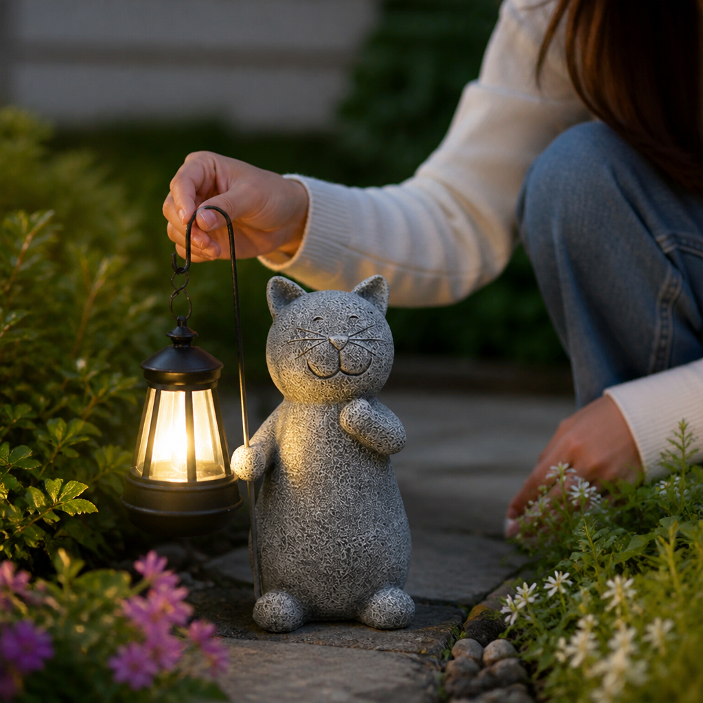 Candeeiro de jardim com figura de gato, à prova de intempéries e alimentado por energia solar | elesira