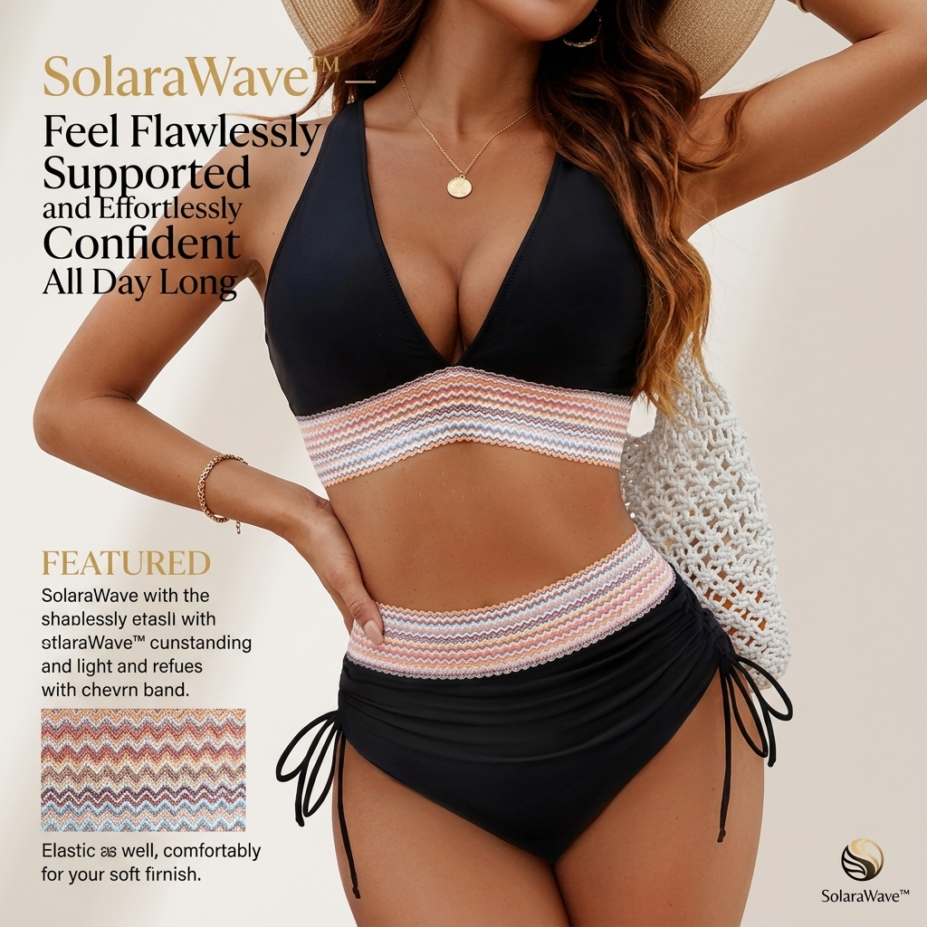 SolaraWave – بيكيني بخصر عالٍ للتحكم بالبطن مع حزام مكشكش بنقشة شيفرون | إليسيرا