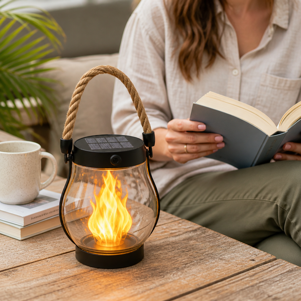 Lanterne de jardin solaire étanche à flamme vacillante (secours USB-C) | elesira