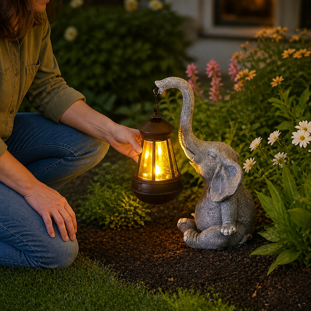 Solcelledrevet have lanterne i resin med varmt lys (elefantdesign) | elesira