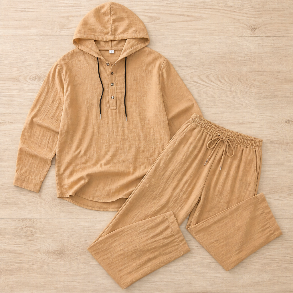 VeloShift – Relaxed Linen-Blend Hooded Set with Button Henley Top | elesira