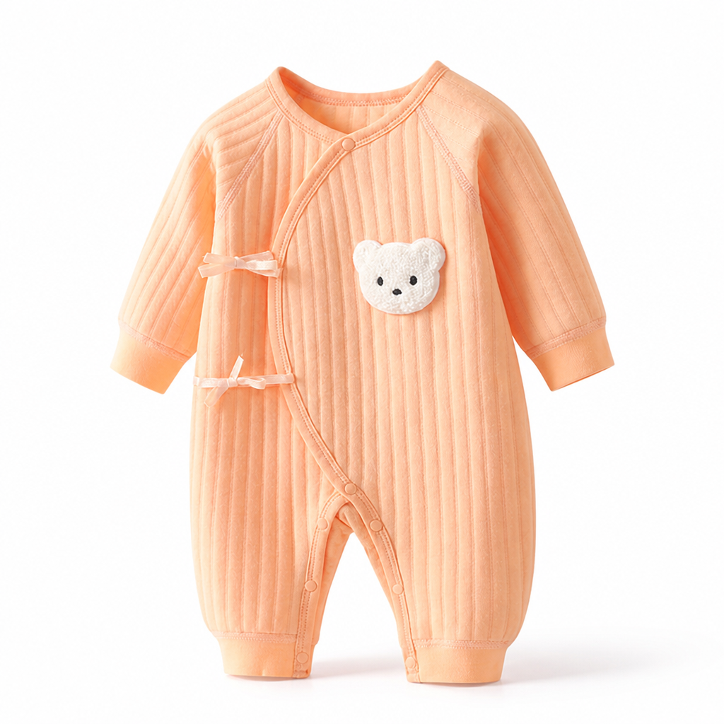 Soft 100% Cotton Press-Stud Baby Romper (Bear Applique) | elesira