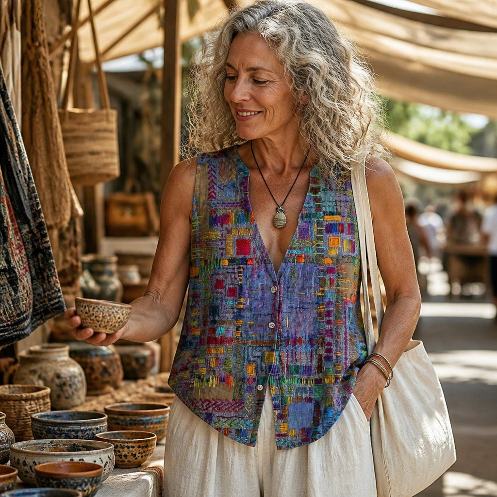 ViviaHue – Kunstnerisk patchworkbluse med knapper, uden ærmer og med V-hals | elesira