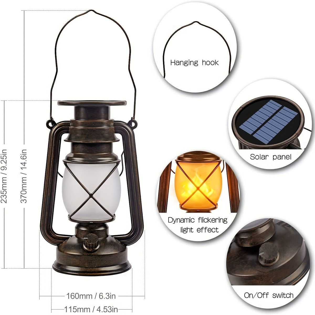 Lanterne solaire vintage à éclairage LED vacillant | elesira