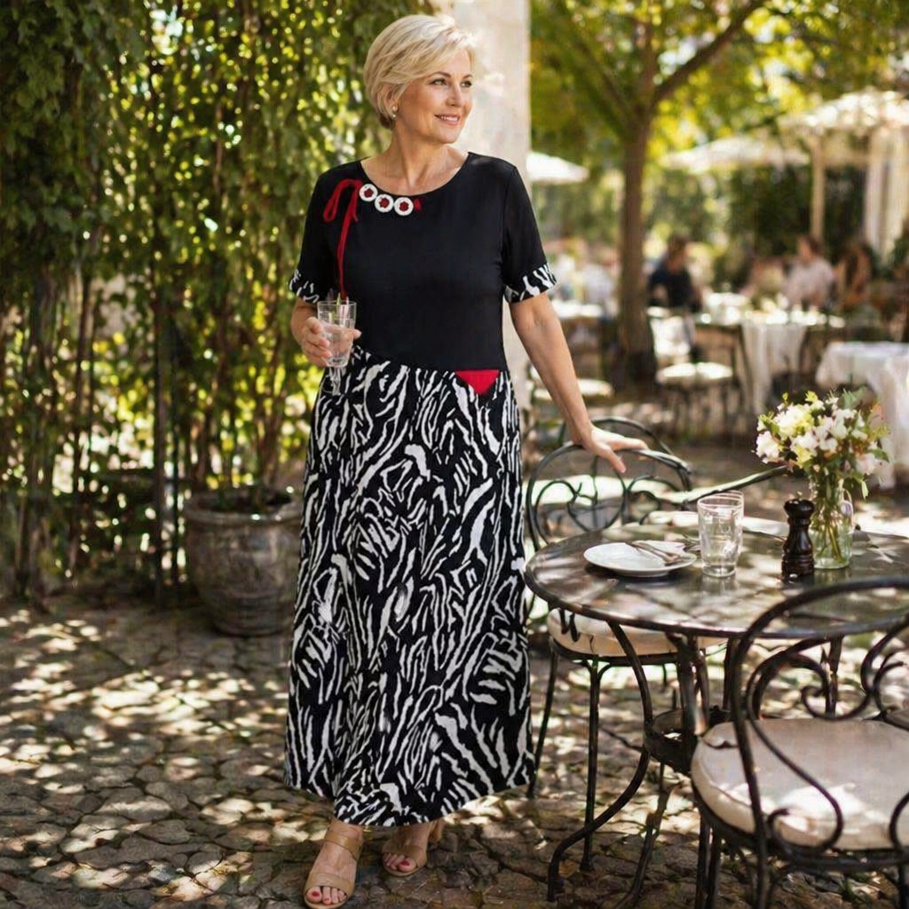 VeraNite – Auffälliges Maxikleid mit Zebra-Patchwork und rotem Akzentdetail | elesira