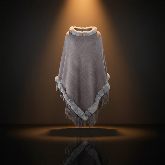 Cape Femme en Maille Unie et Col Fourrure Amovible