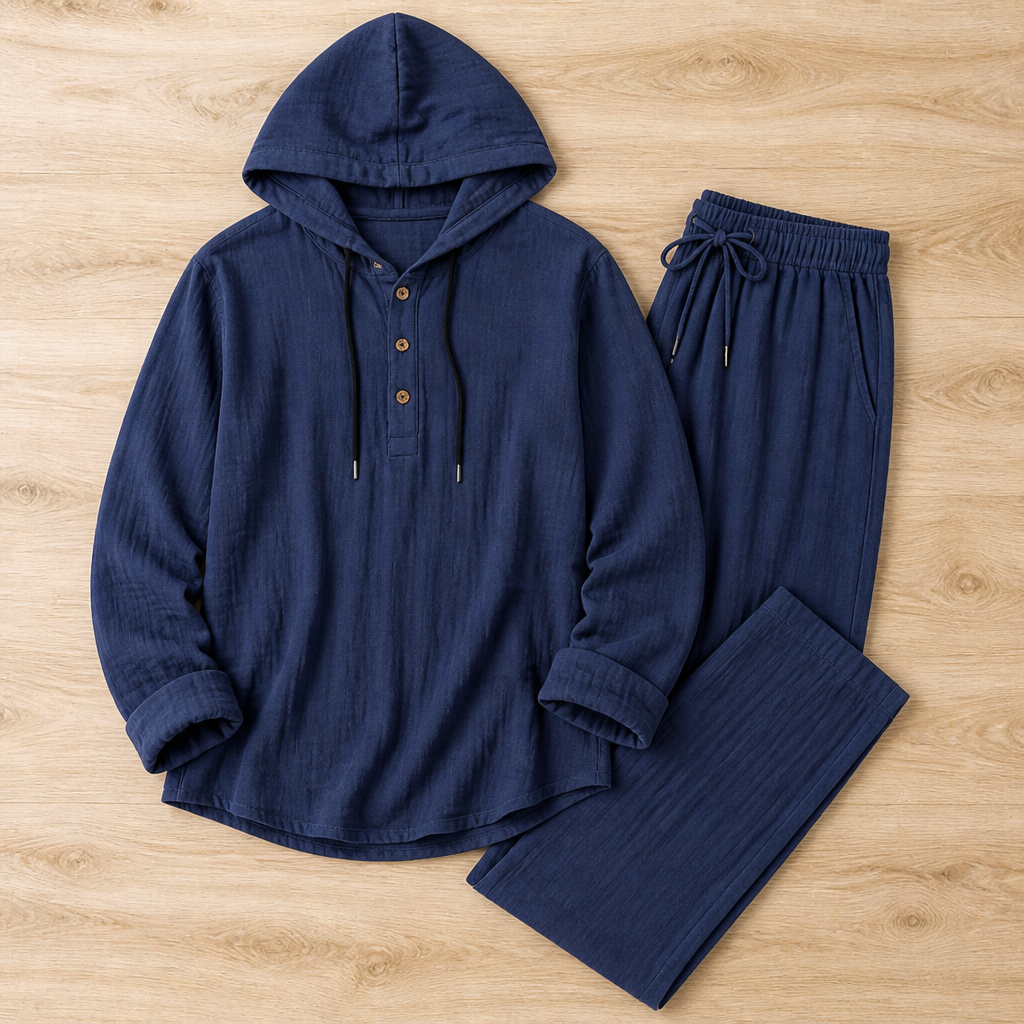 VeloShift – Relaxed Linen-Blend Hooded Set with Button Henley Top | elesira