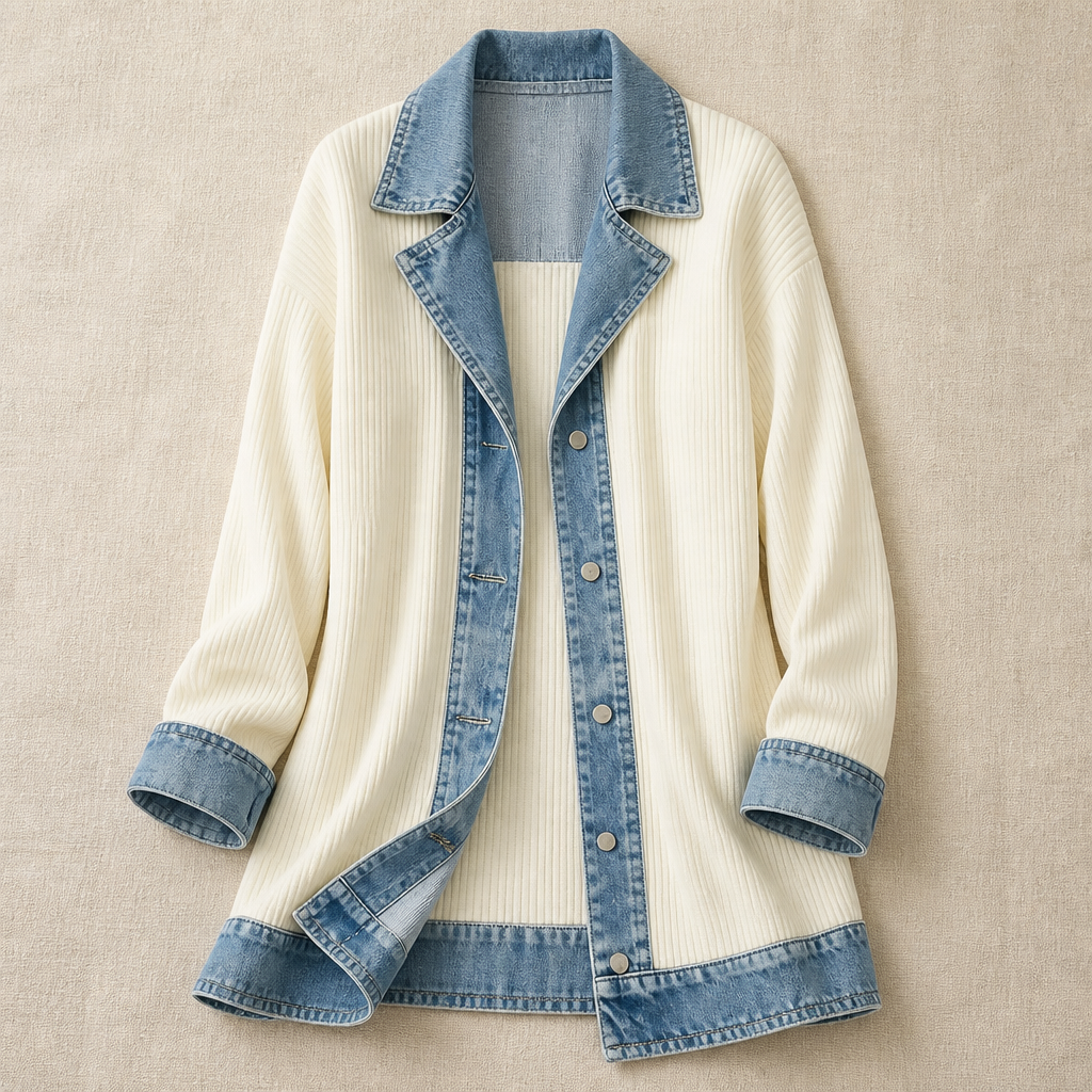 SolaceRidge – Weiche gerippte Strickjacke mit kontrastierendem Denim-Besatz | elesira
