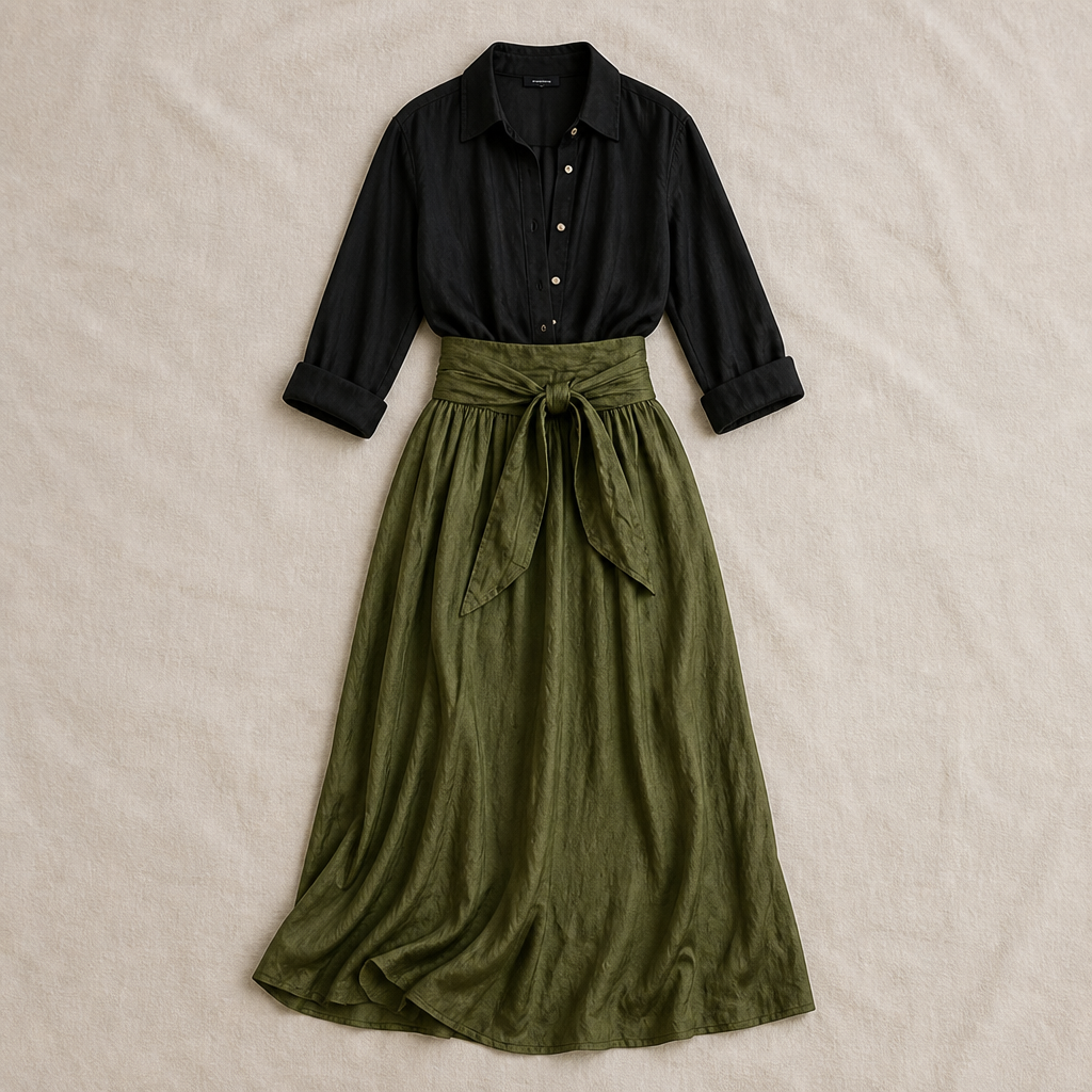 Veloura – Ensemble décontracté composé d’une chemise en lin et d’une jupe midi olive à taille nouée | elesira
