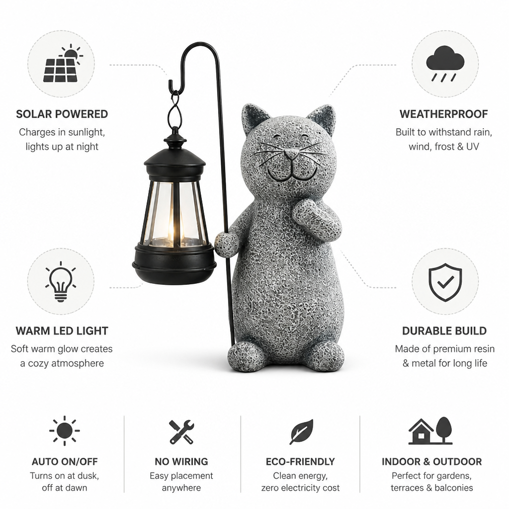 Candeeiro de jardim com figura de gato, à prova de intempéries e alimentado por energia solar | elesira