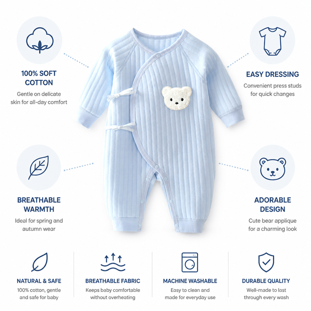 Soft 100% Cotton Press-Stud Baby Romper (Bear Applique) | elesira