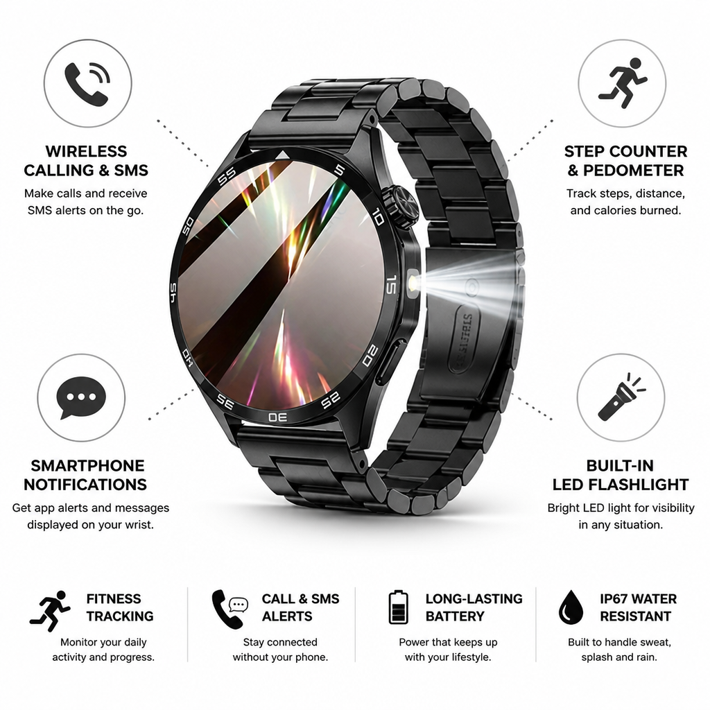 Wireless Calling & SMS Pedometer Smartwatch (Men's) | elesira