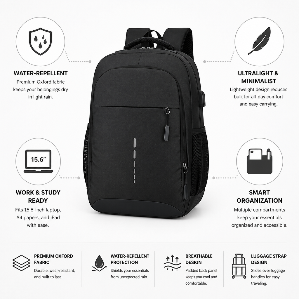 Mochila ultraligera de Oxford para portátil, repelente al agua (compatible con portátiles de 15.6 pulgadas) | elesira