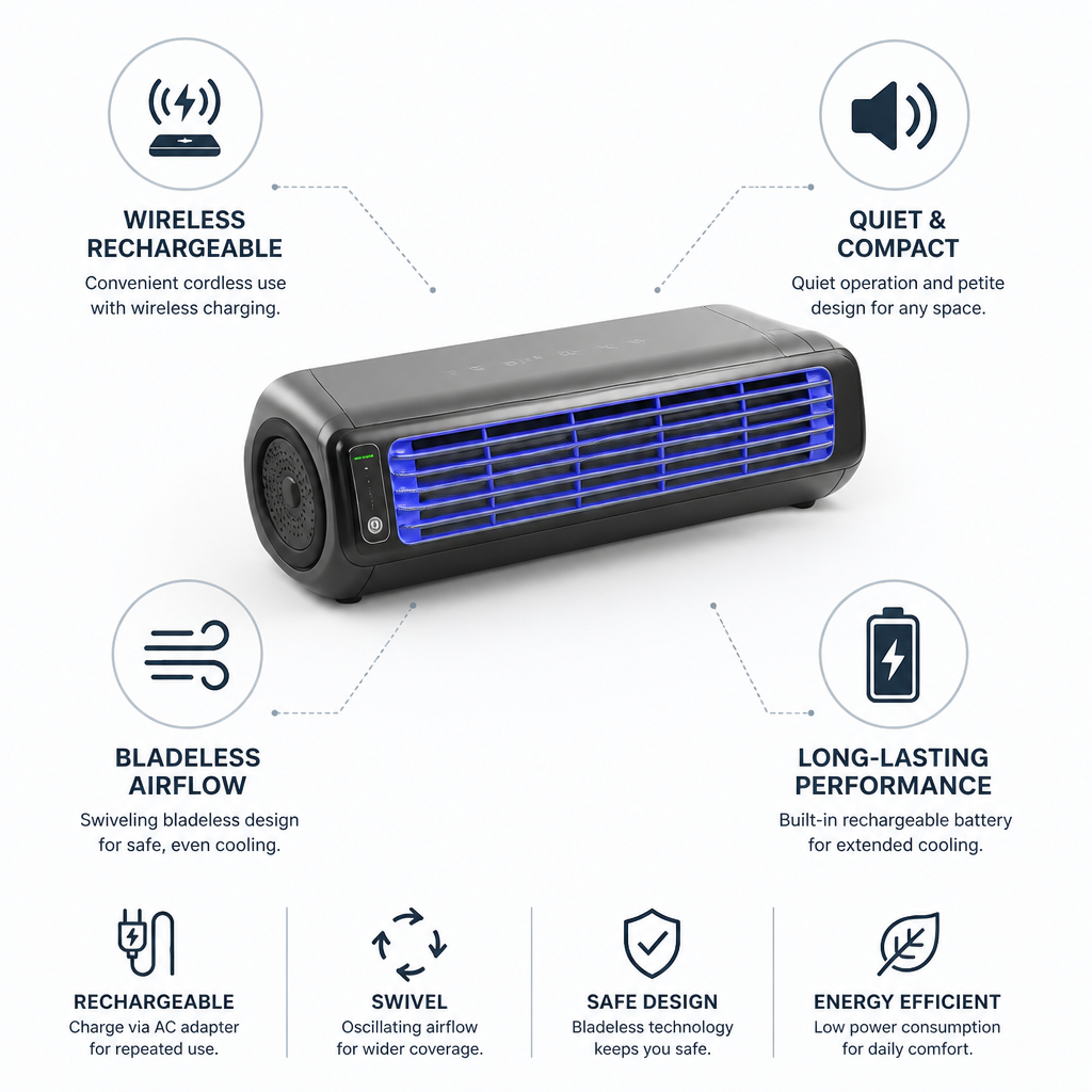 Wireless Rechargeable Bladeless Personal Air Cooler | elesira