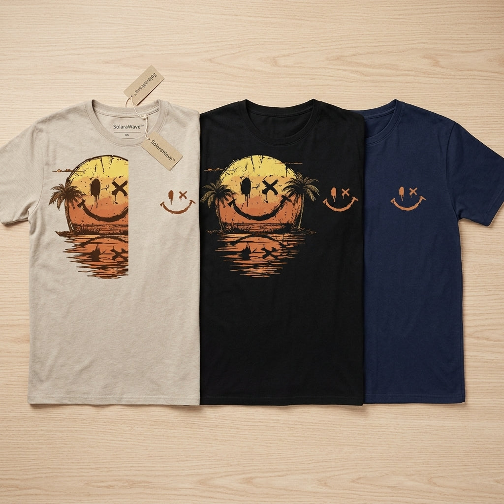 SolaraWave – Retro Sunset Smiley Graphic Tee with Front & Back Print | elesira