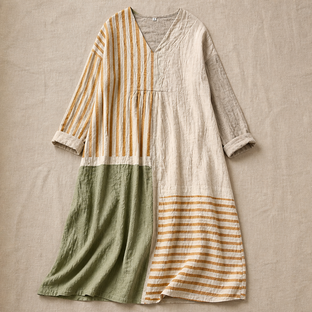 ZephyraFlow – Relaxed Striped Patchwork Linen Maxi Dress | elesira