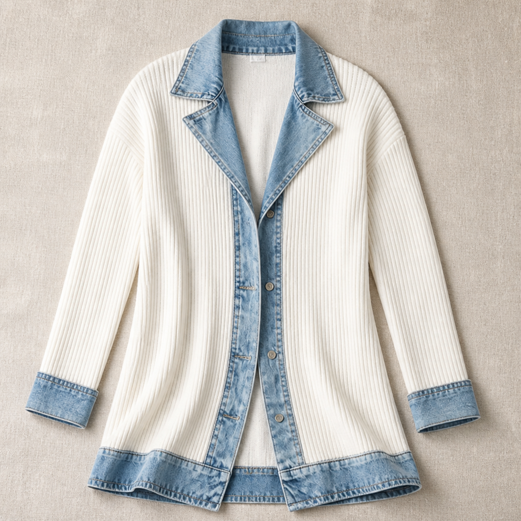 SolaceRidge – Weiche gerippte Strickjacke mit kontrastierendem Denim-Besatz | elesira