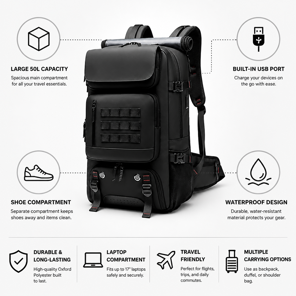 Mochila de viaje impermeable de 50 l (puerto USB integrado y compartimento para zapatos) | elesira