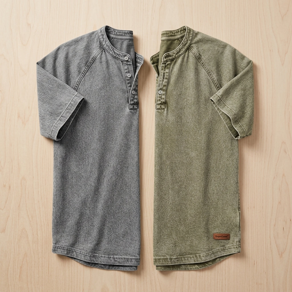 VesperLoom – Vintage Mineral-Wash Raglan Henley Tee | elesira