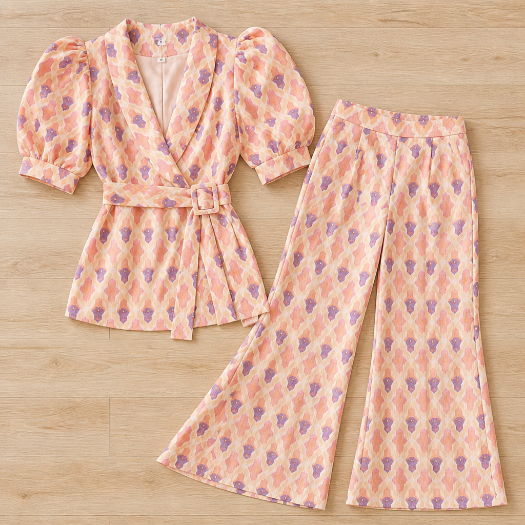 Virelli – Completo con top corto stampato incrociato, pantaloni svasati e cintura da annodare | elesira