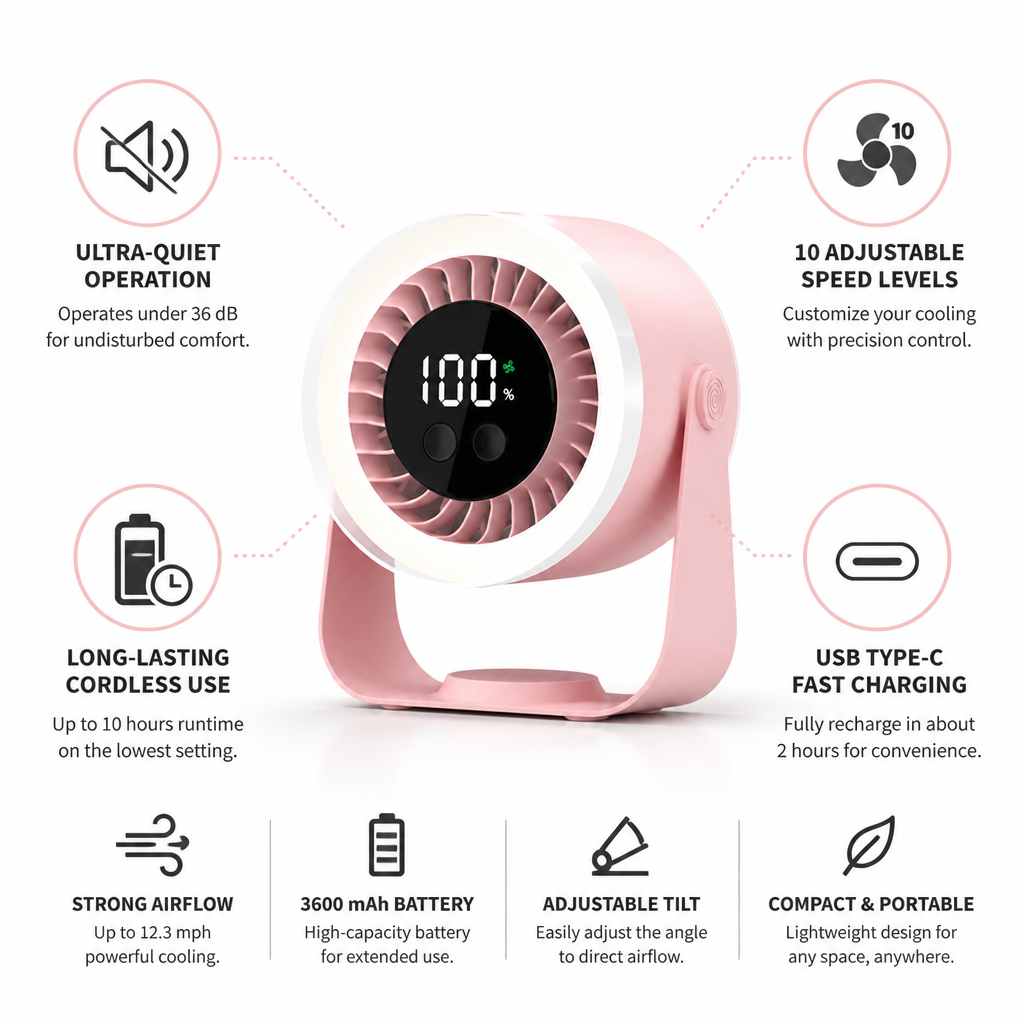 Whisper-Quiet 10-Speed USB-C Rechargeable Table Fan | elesira